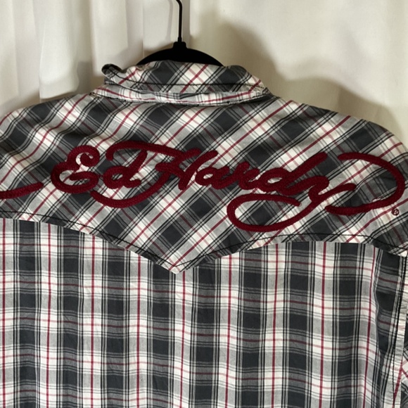 Ed Hardy Christian Audigier Men Large Blk Plaid Pearl Snap LS Western Shirt Vtg - Picture 6 of 9